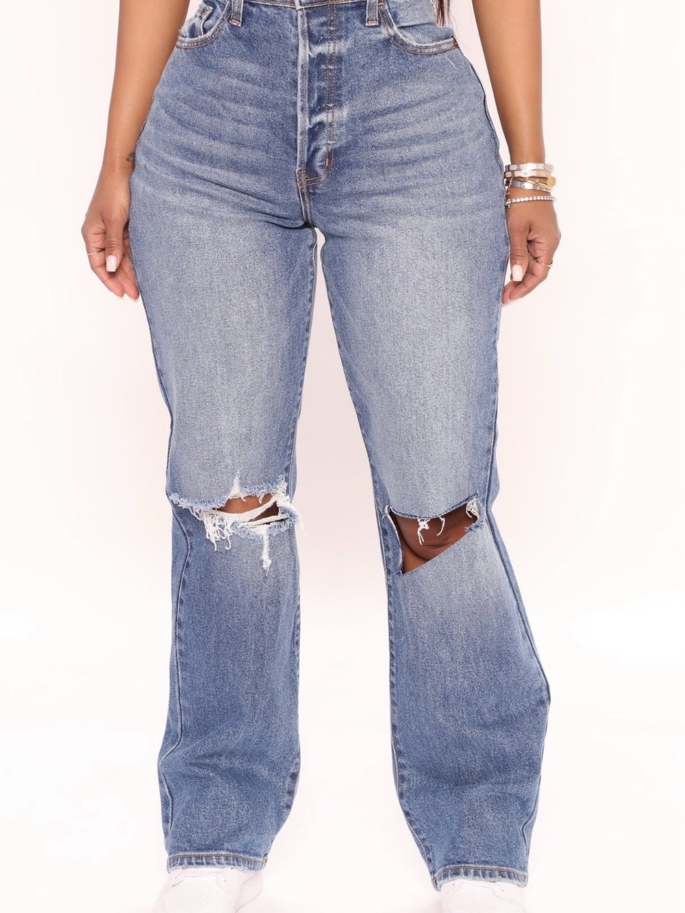Fashion Nova Light Blue High-Rise Flare Jeans with Knee Rips